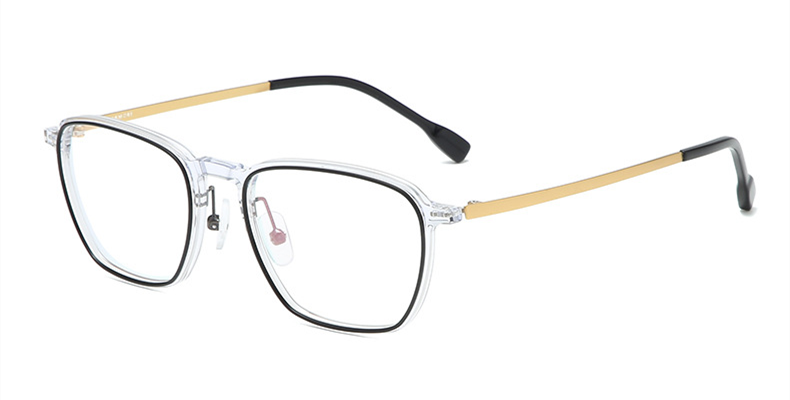 clear with black acetate frame mixed gold titanium arms eyeglasses